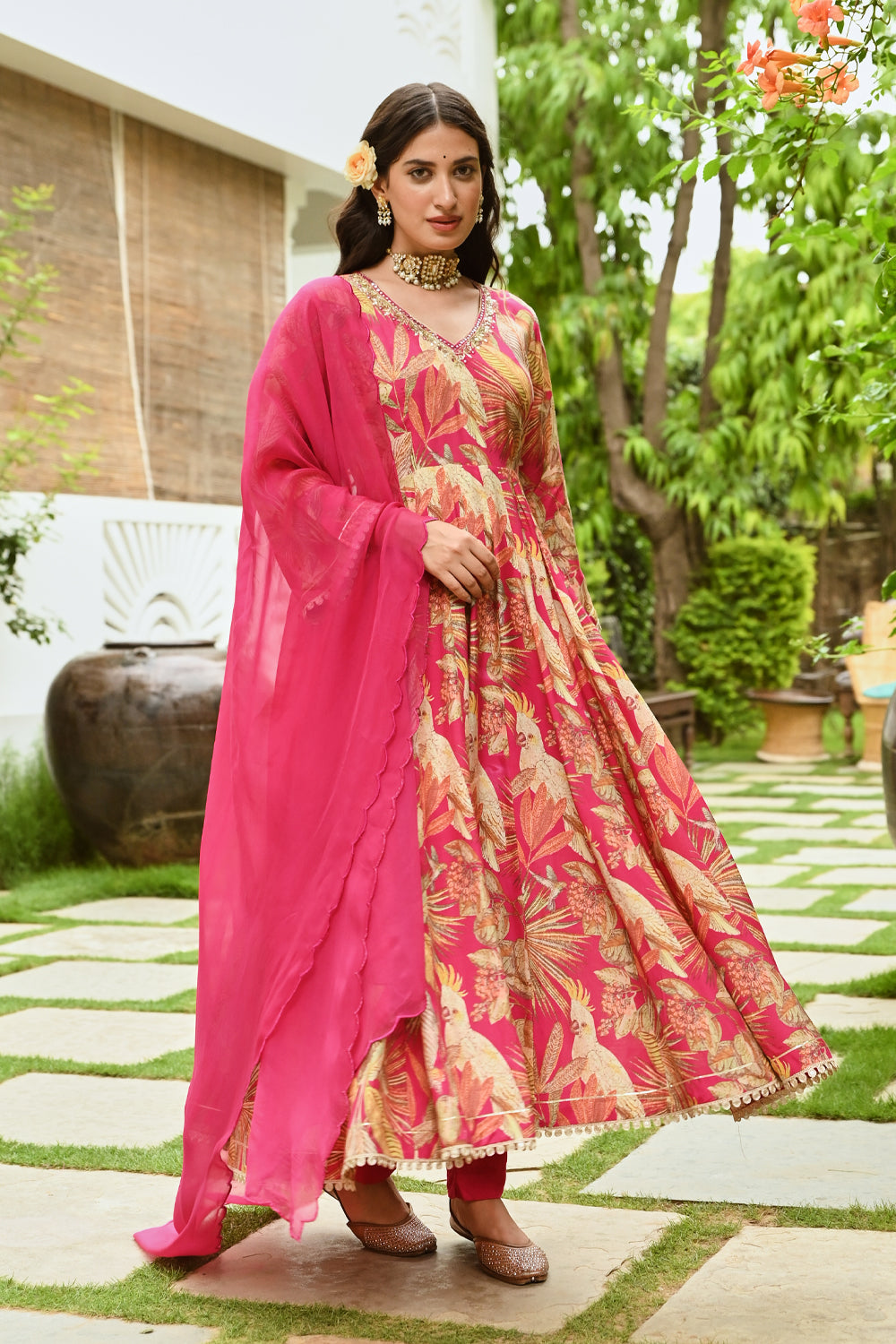 Fuchsia Pink Color Muslin Printed Anarkali Suit