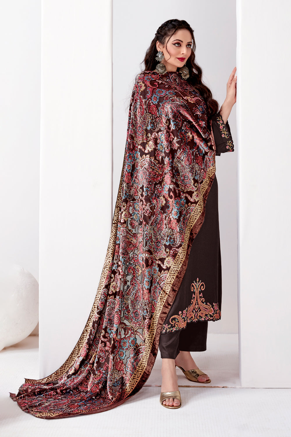 Brown Color Embroidered Pashmina Suit Fabric