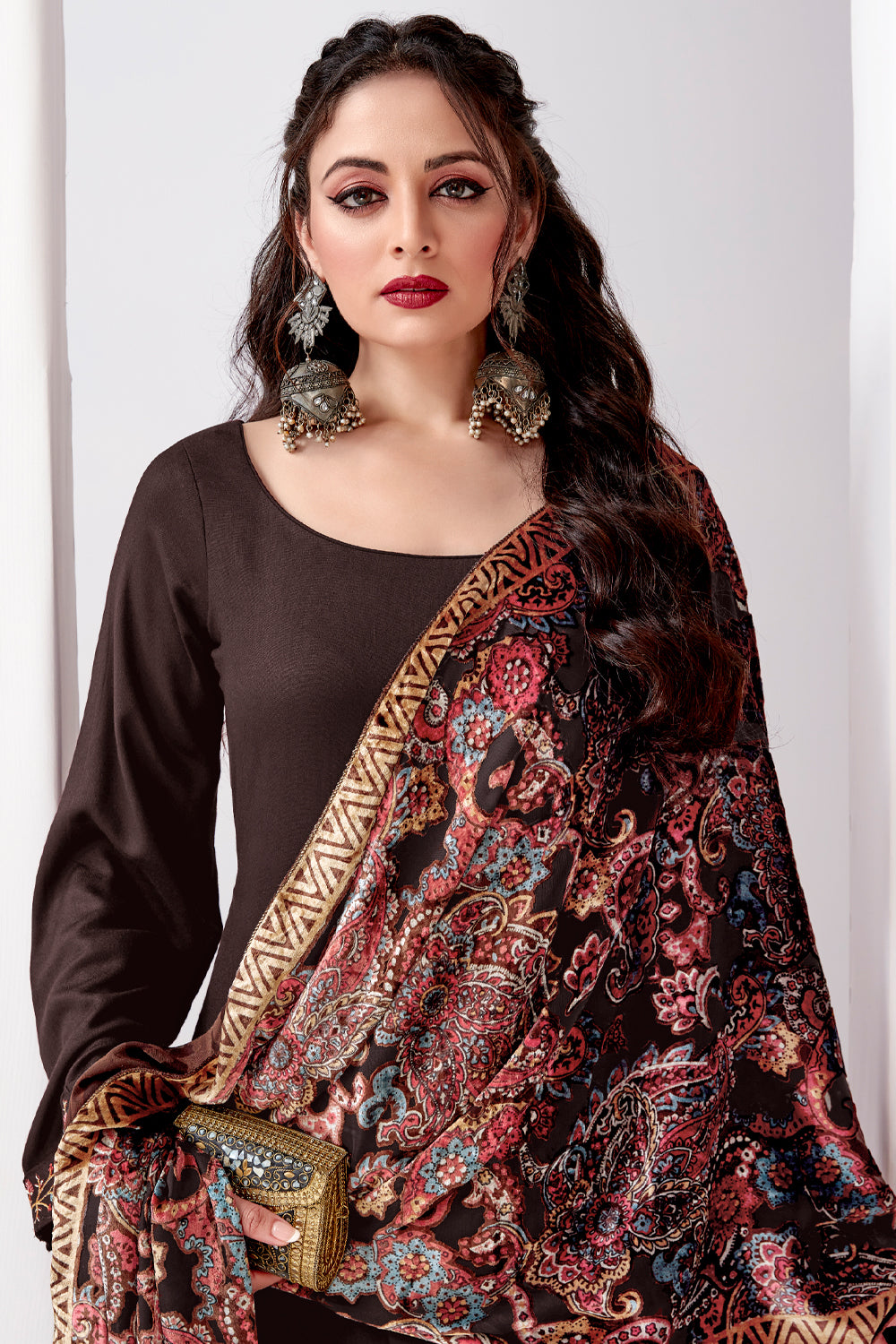 Brown Color Embroidered Pashmina Suit Fabric