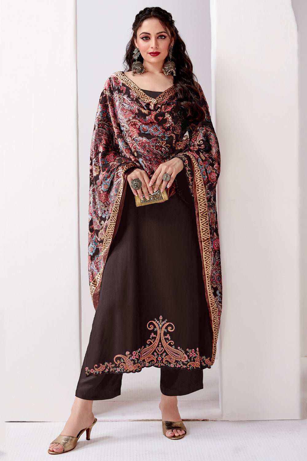 Brown Color Embroidered Pashmina Suit Fabric