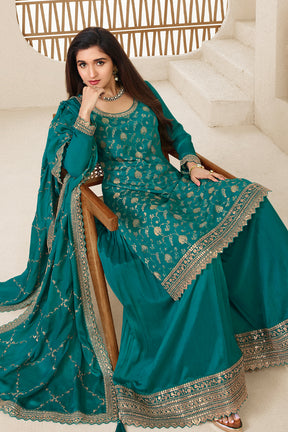 Teal Color Woven Crepe Unstitched Suit Material With Stitched Sharara