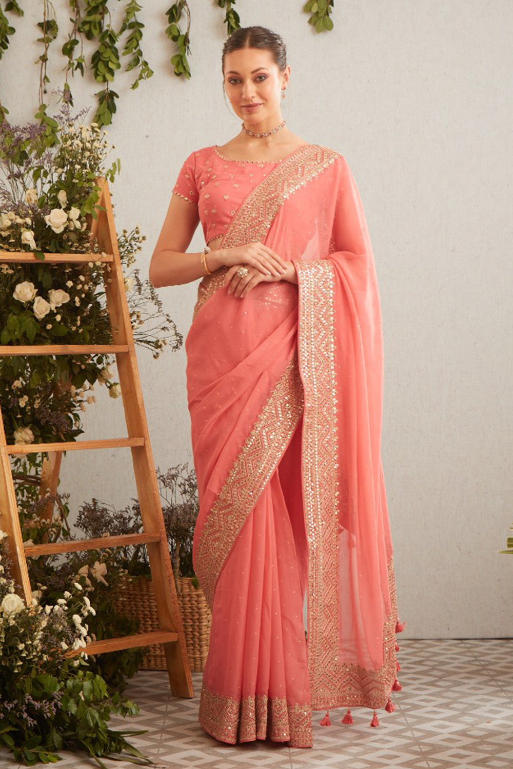 Coral Color Georgette Embroidered Saree