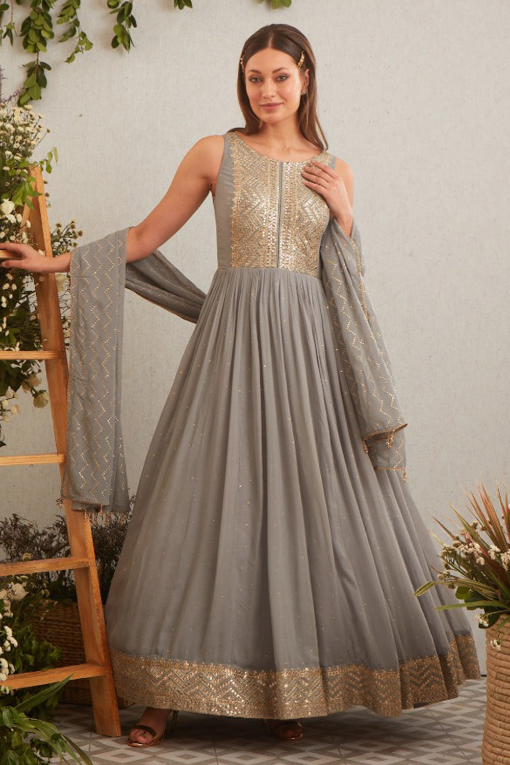 Grey Color Georgette Embroidered Suit