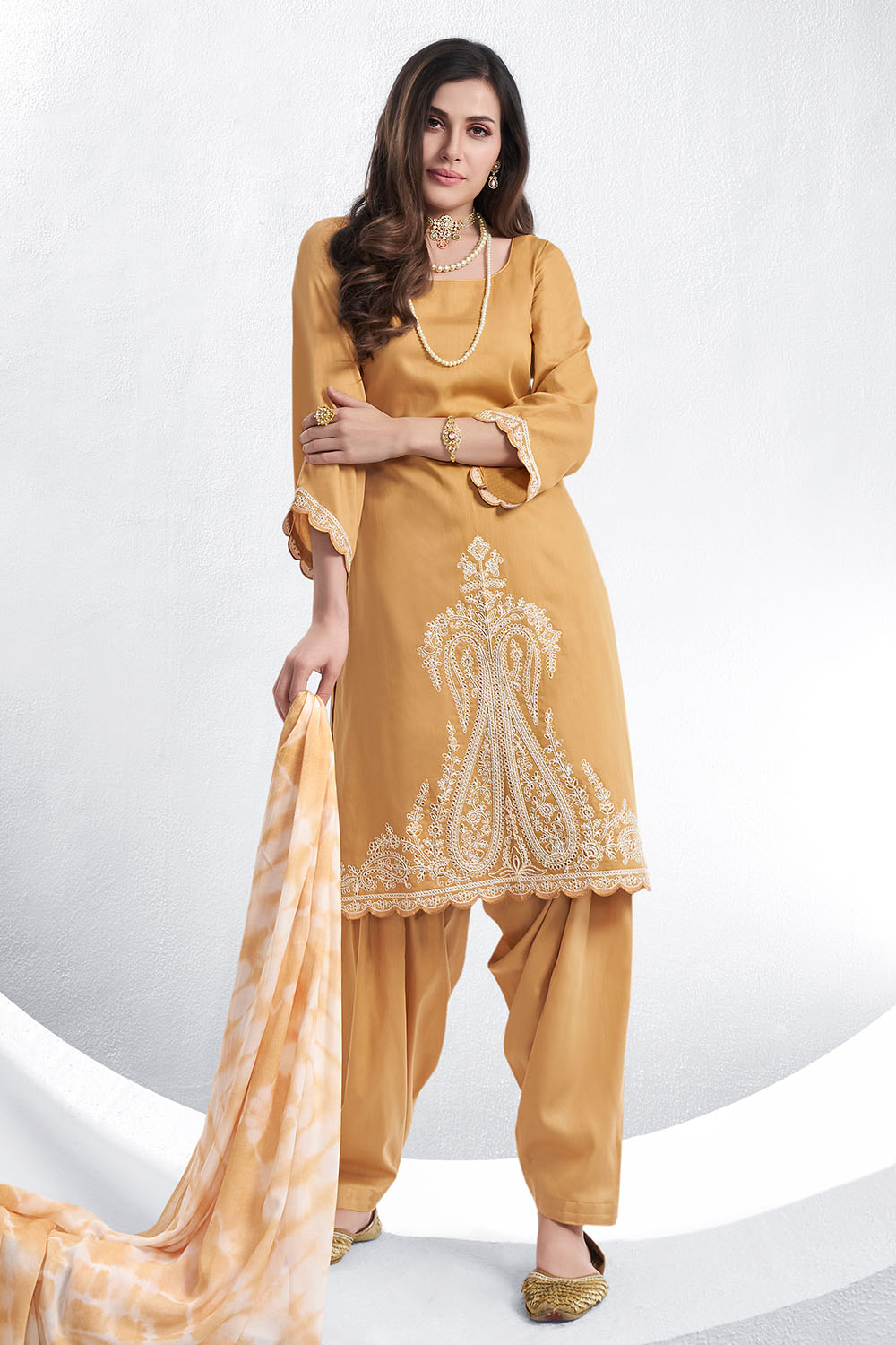 Mustard Color Cotton Hemline Embroidered Unstitched Suit Material