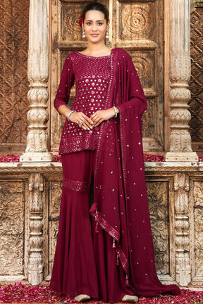 Dark Scarlet Color Georgette Embroidered Suit With Gharara