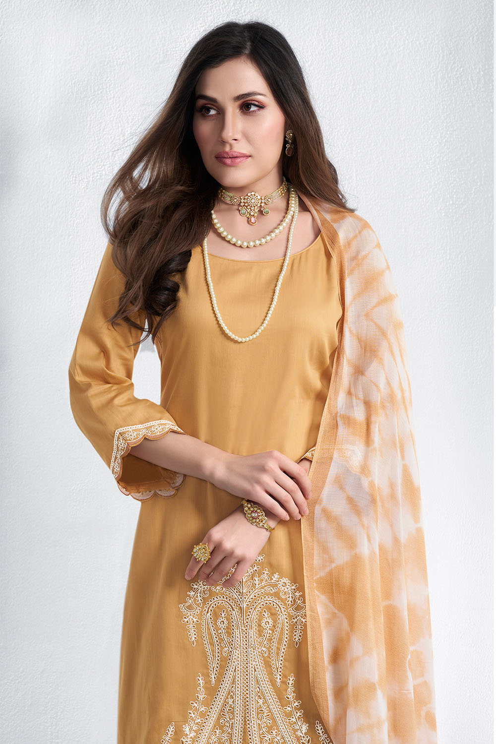 Mustard Color Cotton Hemline Embroidered Unstitched Suit Material