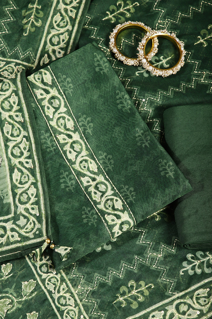 Green Color Chanderi Cotton Printed Unstitched Suit Material