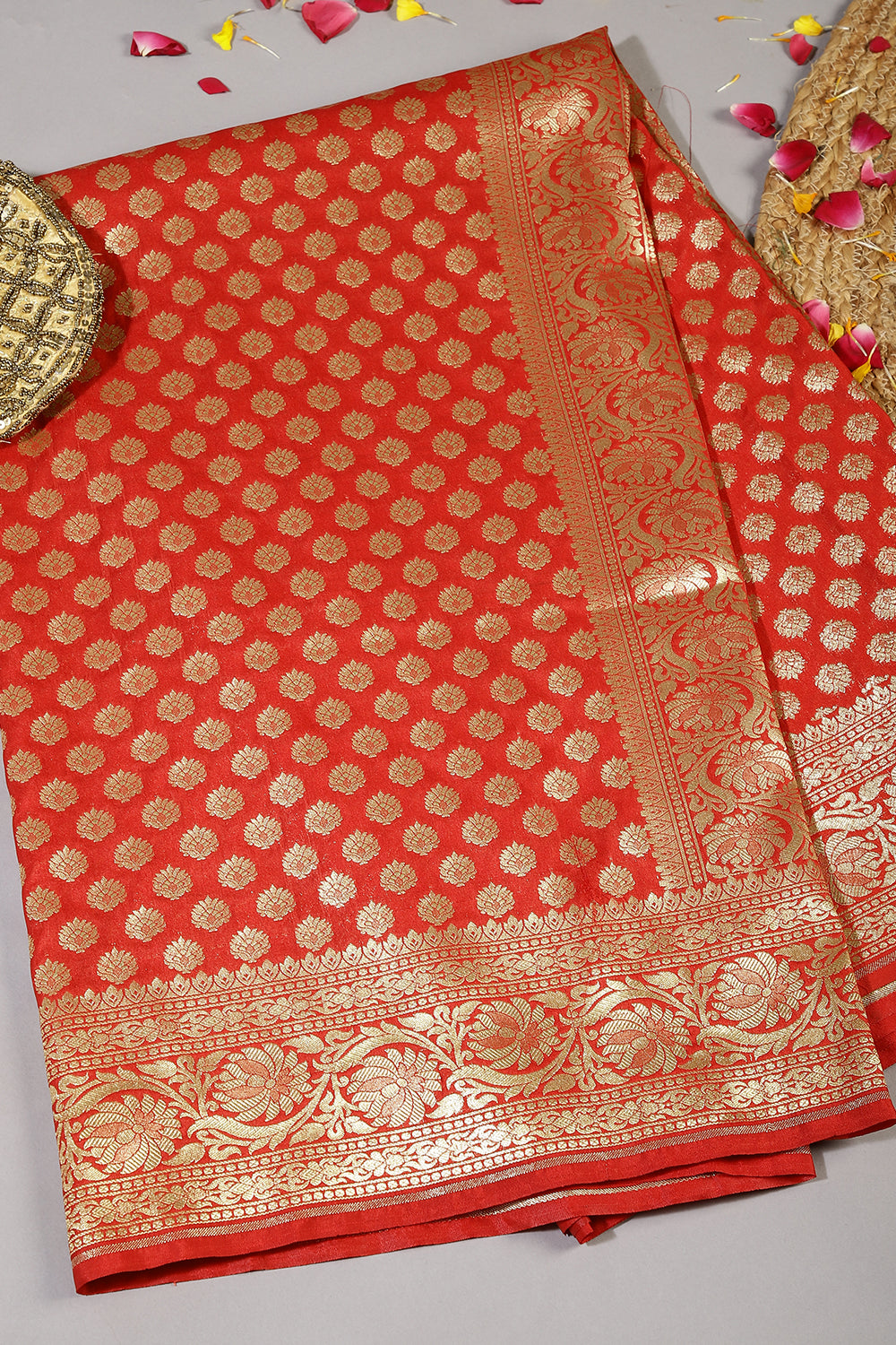 Fire Red Colour Woven Silk Saree