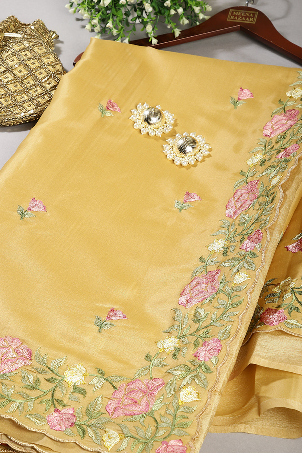 Pale Mustard Color Tussar Silk Floral Resham Embroidered Saree