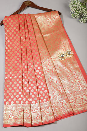 Coral Pink Colour Woven Silk Saree