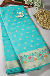 Teal Color Silk Resham & Zari Woven Saree