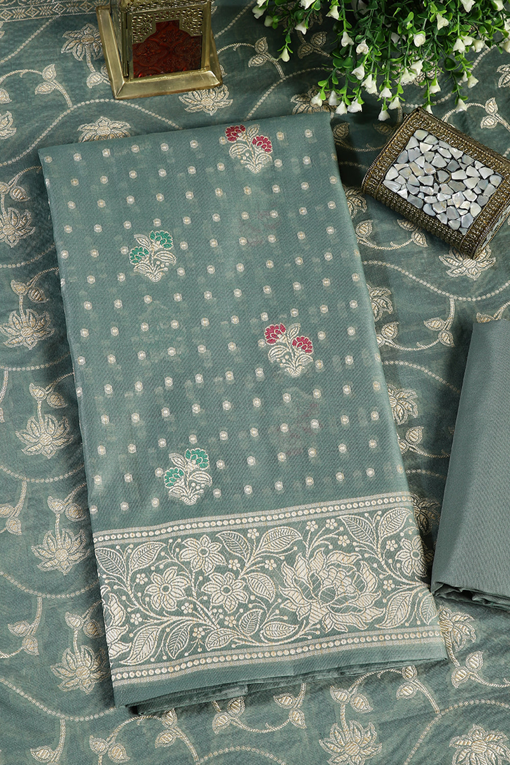 Sea Green  Color Woven Chanderi Unstitched Suit Material