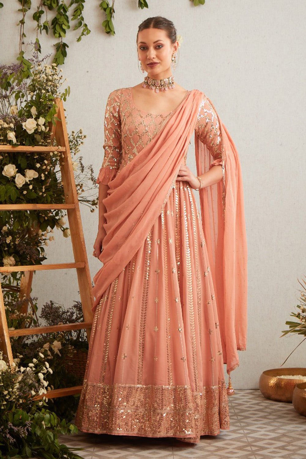 Peach Color Georgette Embroidered Suit