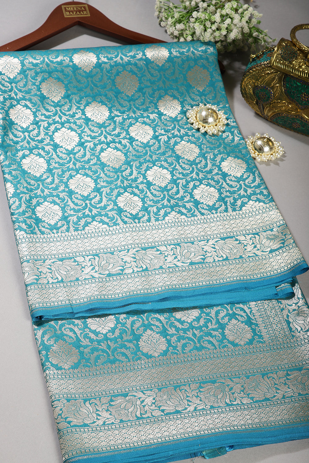 Fountain Blue Color Banarsi Silk Woven Saree