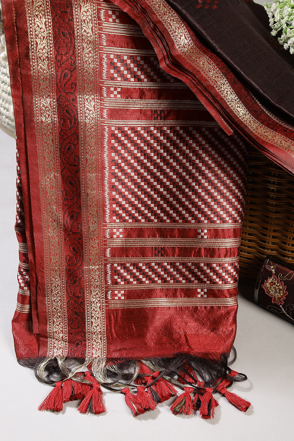 Dark Tan Color Chanderi Silk Woven Saree