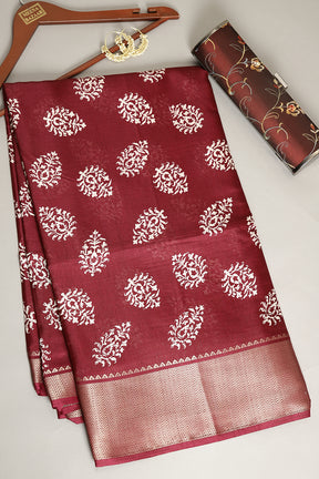 Wine Color Block Printed Cotton Silk