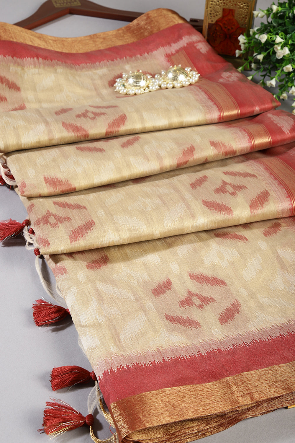 Beige Color Chanderi Cotton Woven Saree