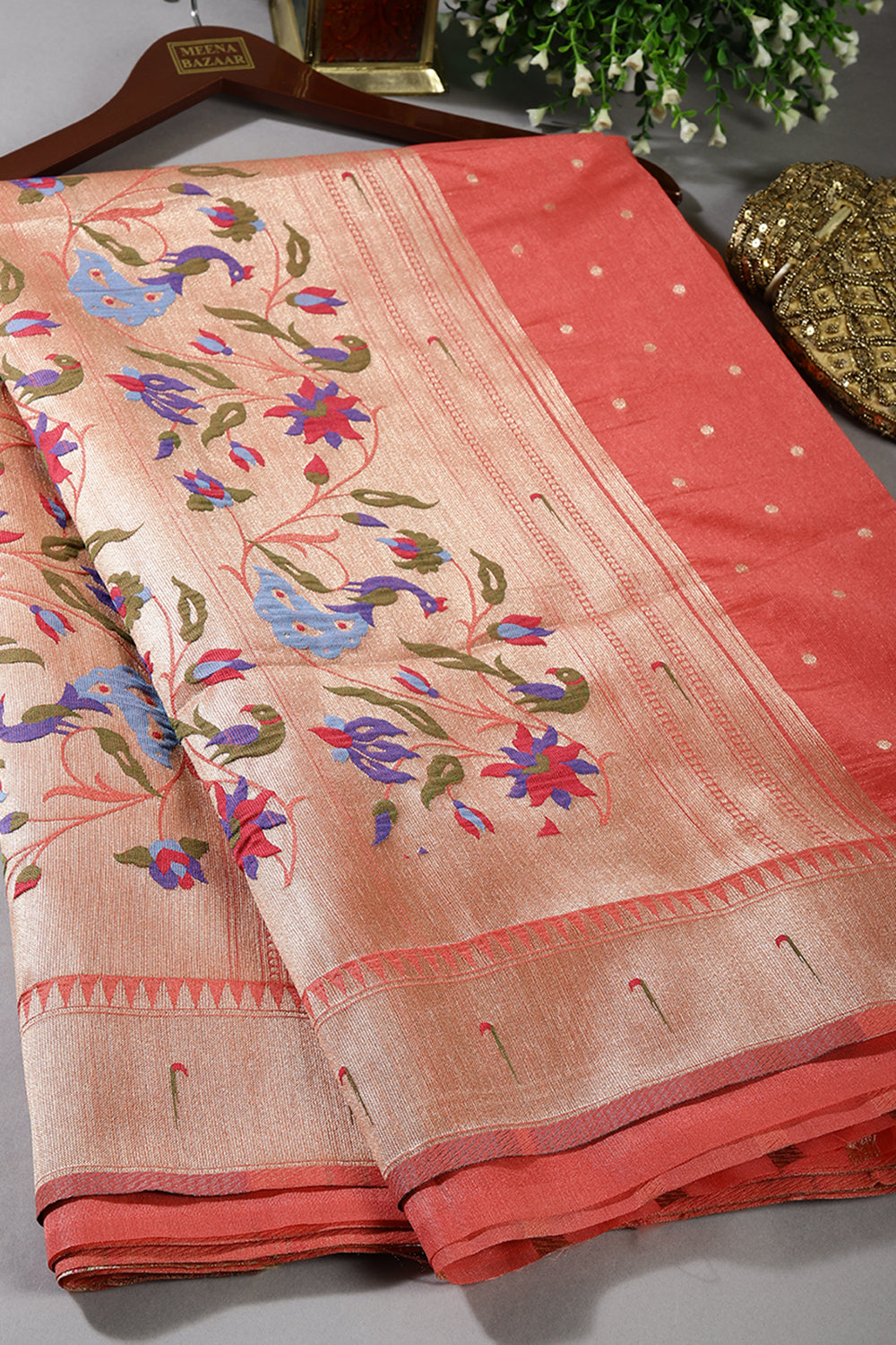 Coral Color Cotton Silk Paithani Work Saree