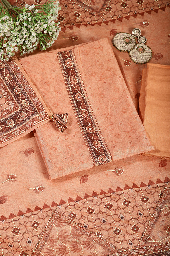 Peach Color Chanderi Cotton Printed Unstitched Suit Material