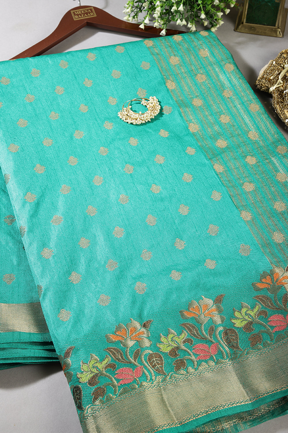 Teal Green Color Silk Resham & Zari Woven Saree