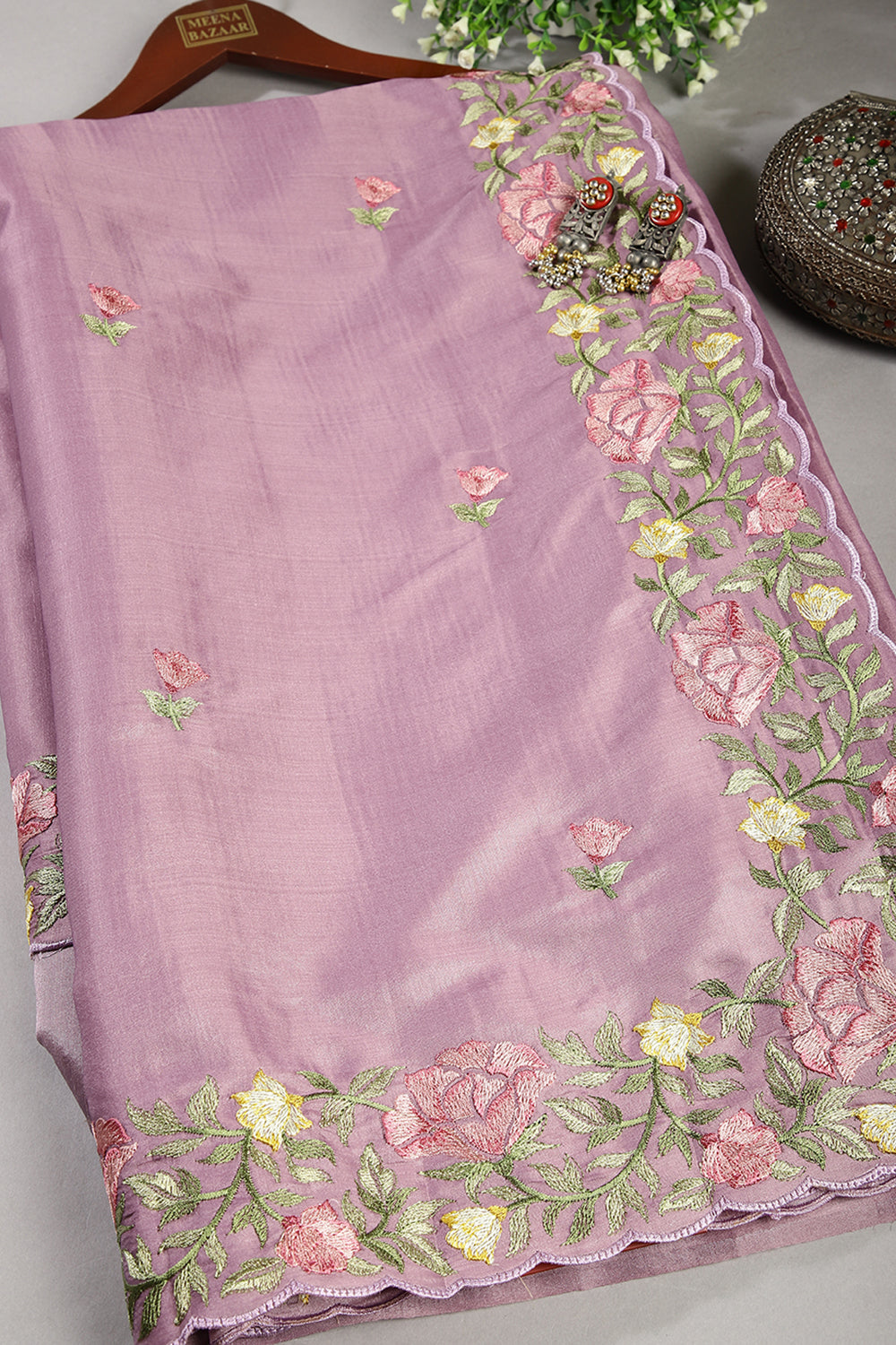 Lavender Color Tussar Silk Floral Resham Embroidered Saree