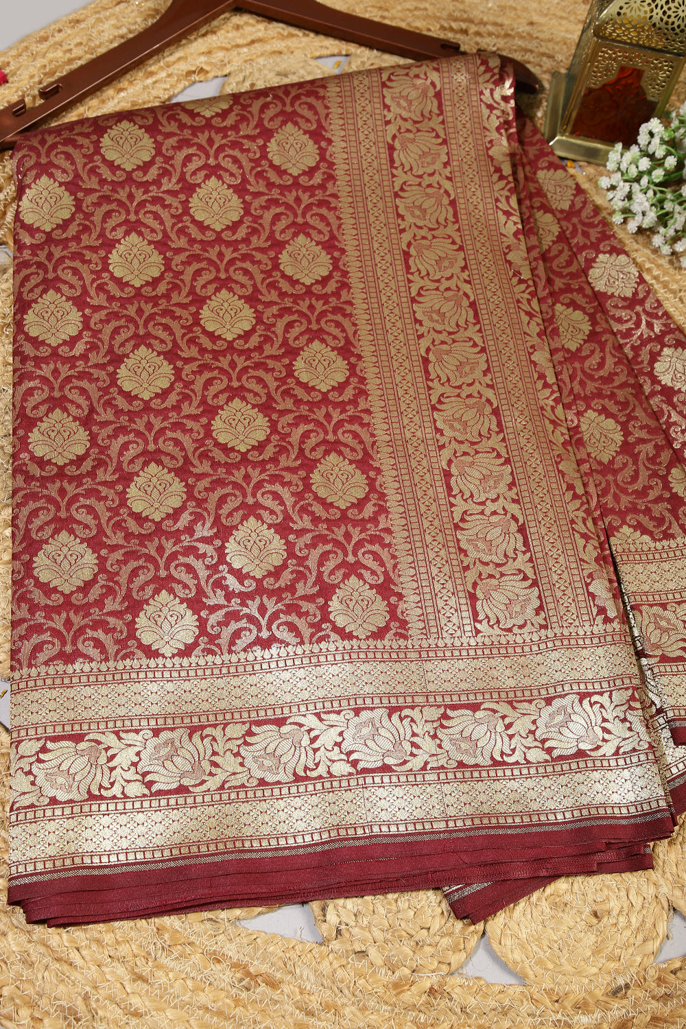 Dark Scarlet Color Banarsi Silk Woven Saree