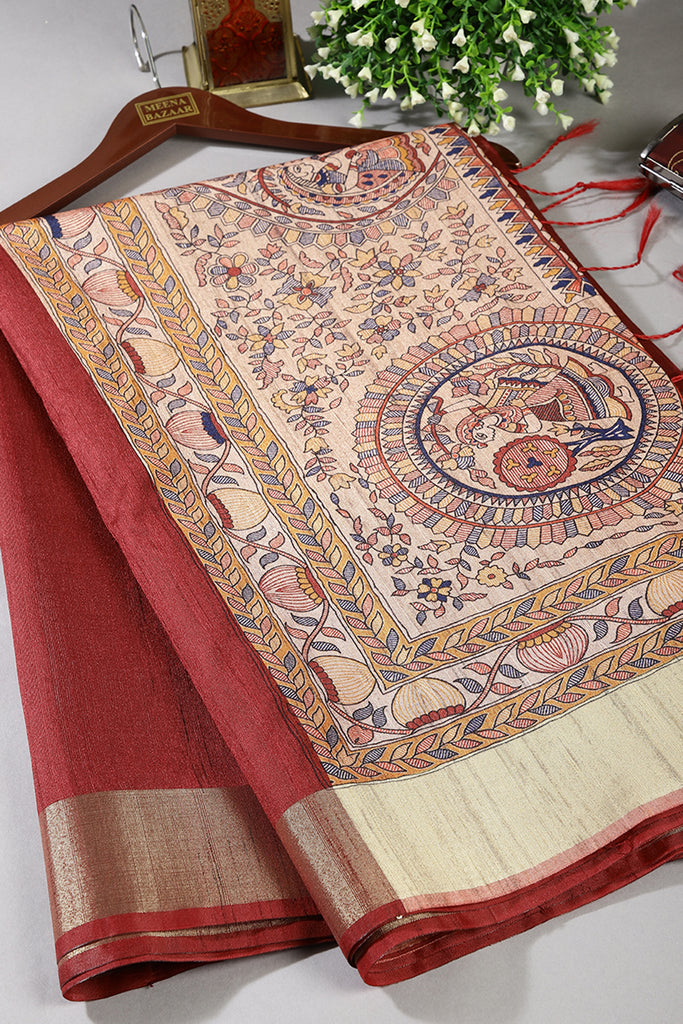 Maroon Color Cotton Silk Madhubani Print Saree