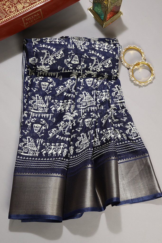 Navy Color Cotton Silk Printed Saree