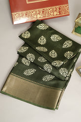 Green Color Block Printed Cotton Silk