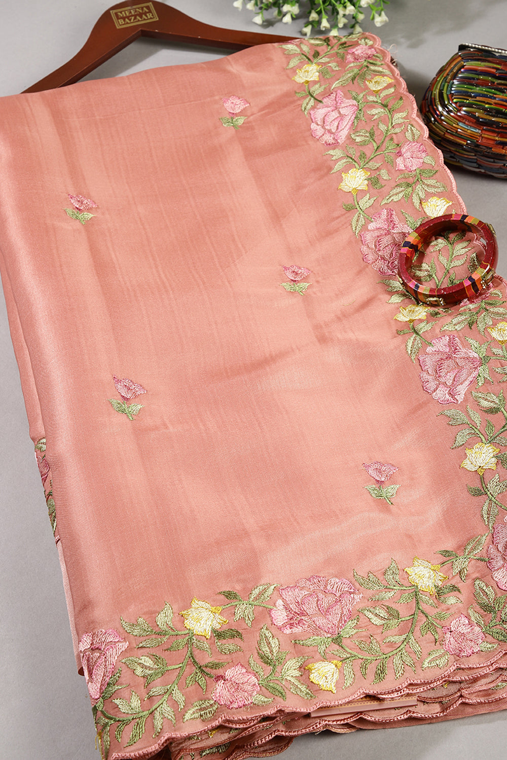 Peach Color Tussar Silk Floral Resham Embroidered Saree