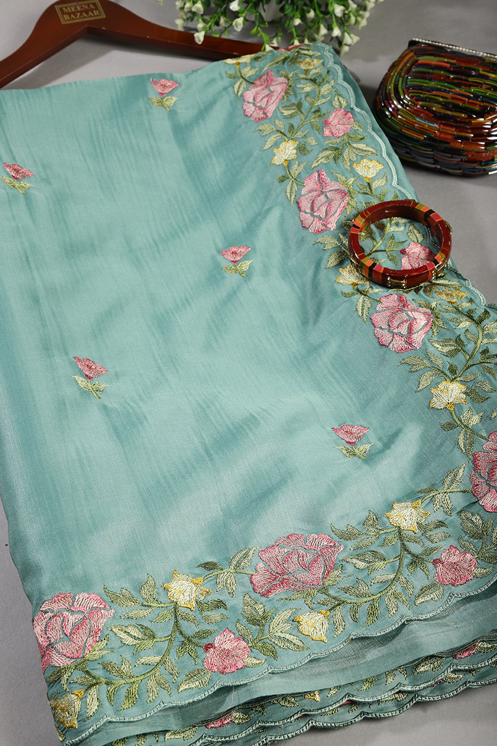 Sea Green Color Tussar Silk Floral Resham Embroidered Saree