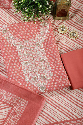 Peach Color Chanderi Cotton Printed and Neck Embroidered Unstitched Suit Fabric