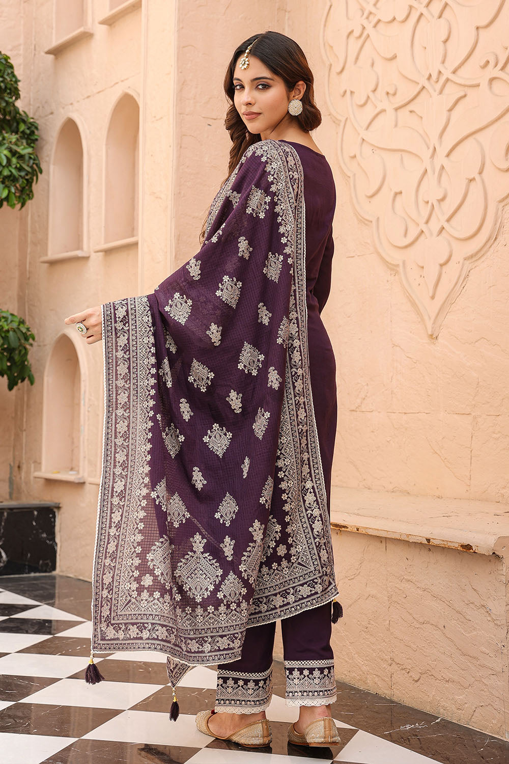 Dark Purple Color Embroidered Cotton Straight Suit