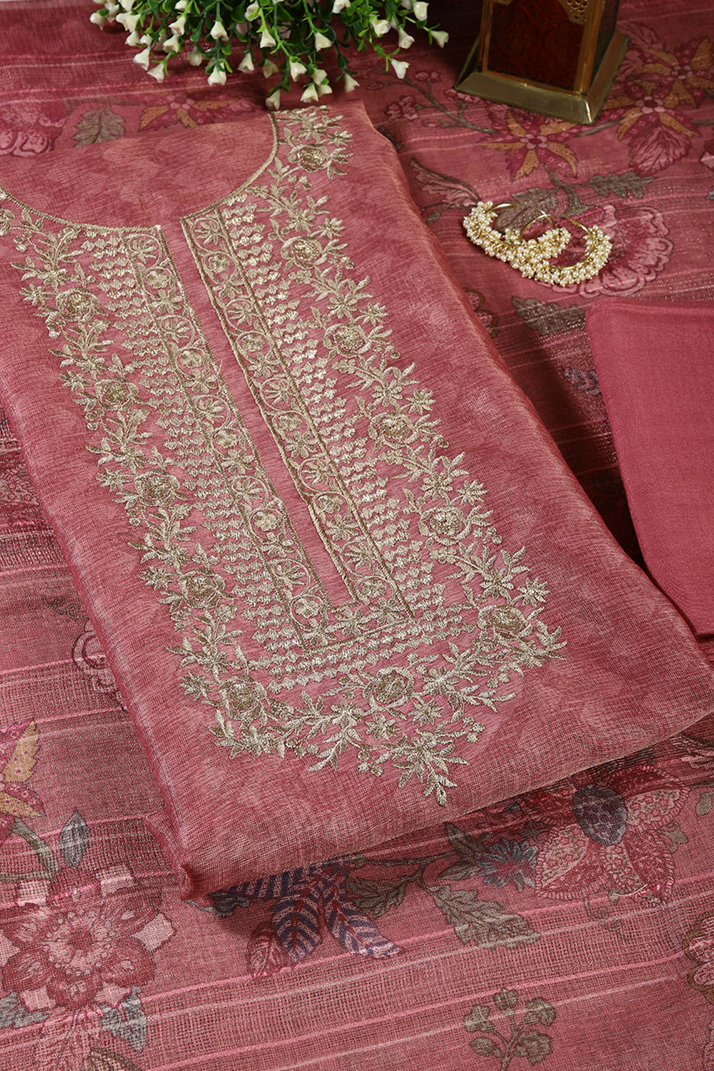 Dusky Rose Color Mantellic Tissue Neck Embroidered Unstitched Suit Fabric