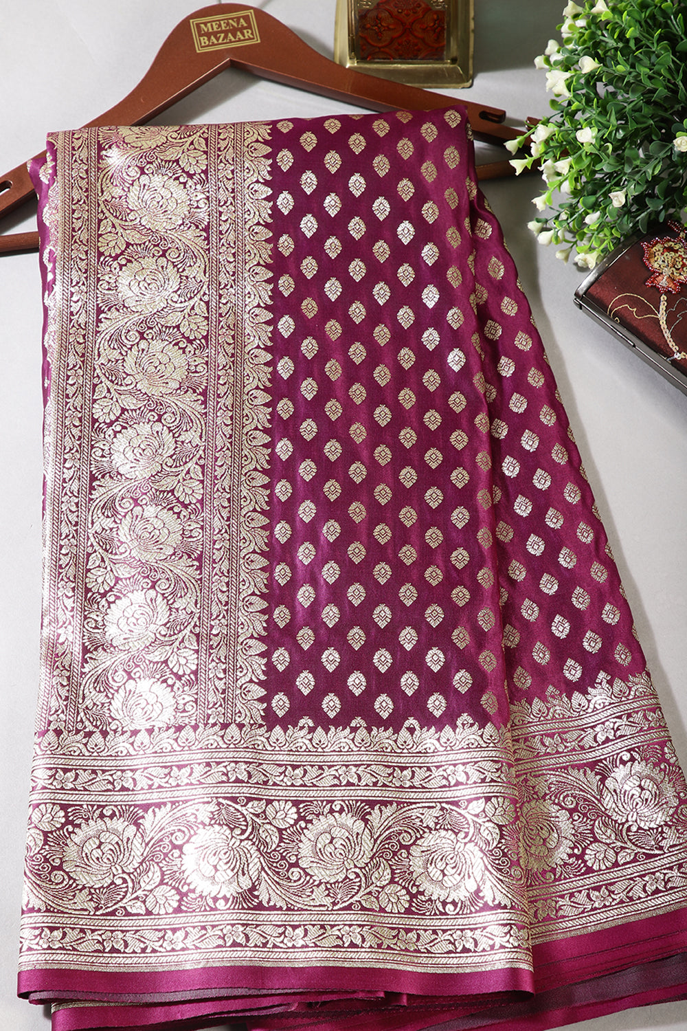 Dark Raspberry Color Woven Gajji Silk Banarasi Saree