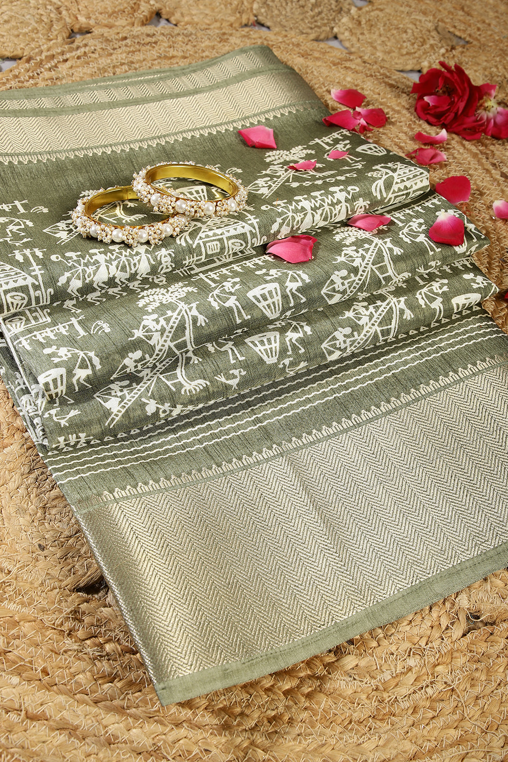 Sage Green Color Cotton Silk Printed Saree