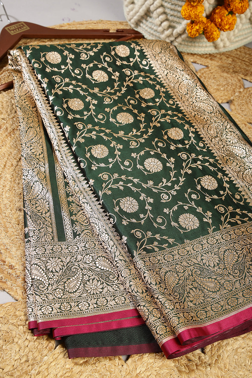 Bottle Green Color Silk Banarasi Saree