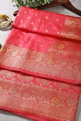 Warm Pink Color Raw Silk Woven Saree