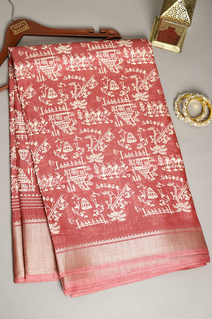 Dark Coral Color Cotton Silk Printed Saree