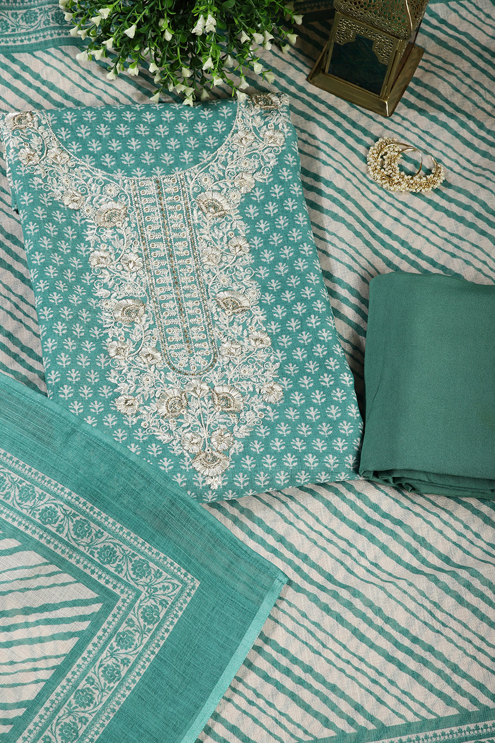 Mint Green Color Chanderi Cotton Printed and Neck Embroidered Unstitched Suit Fabric