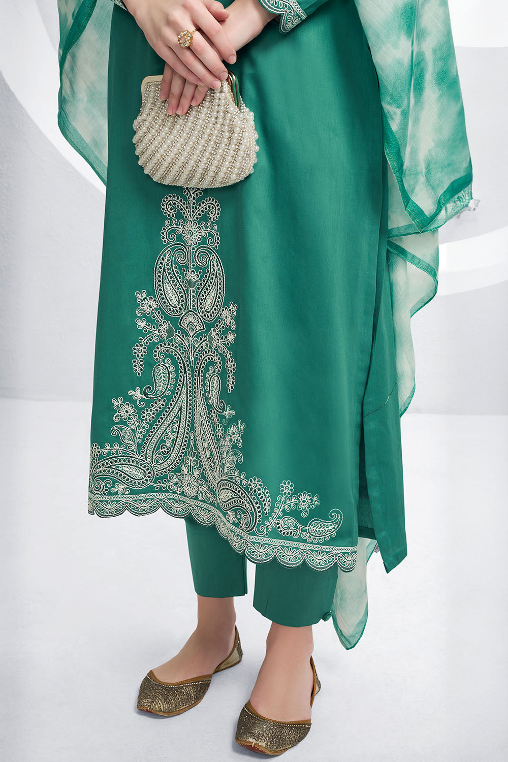 Teal Color Cotton Hemline Embroidered Unstitched Suit Material