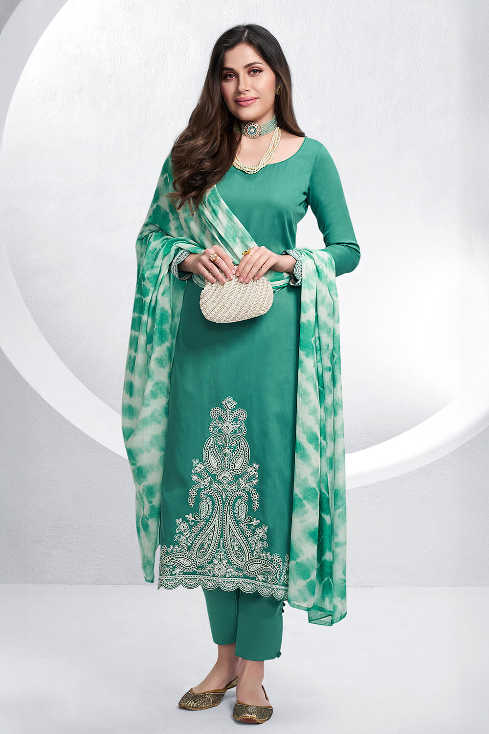 Teal Color Cotton Hemline Embroidered Unstitched Suit Material