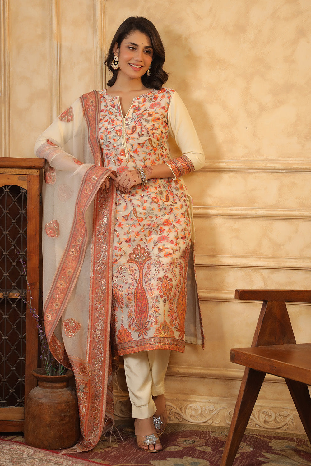 Cream Color Meena-Kaari Woven Chanderi Unstitched Suit Material