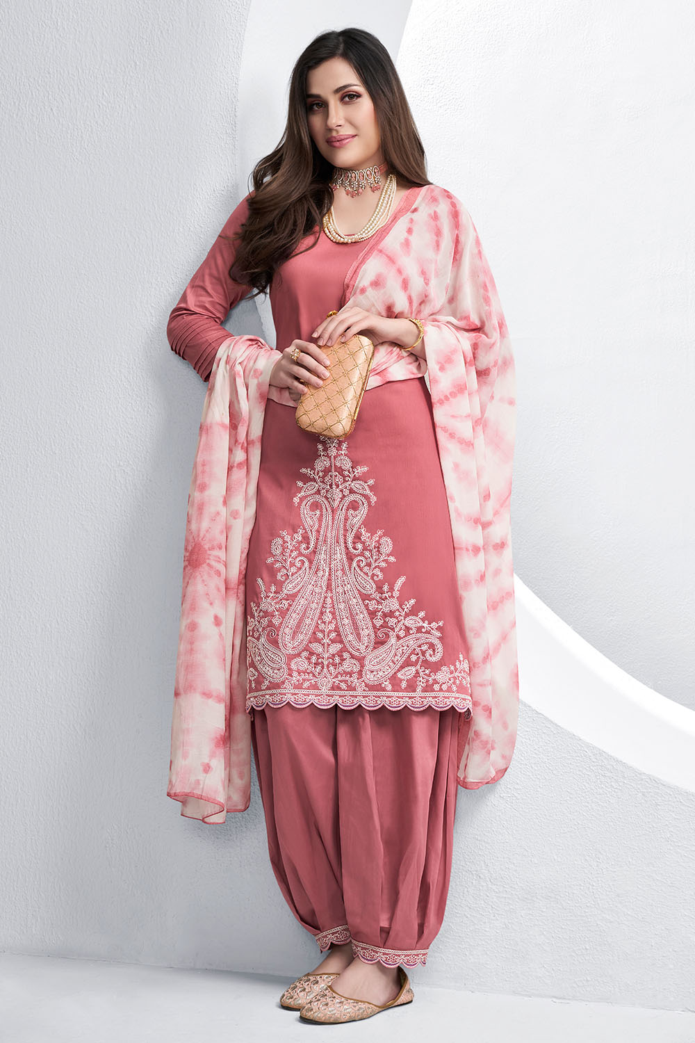 Dusty Pink Color Cotton Hemline Embroidered Unstitched Suit Material