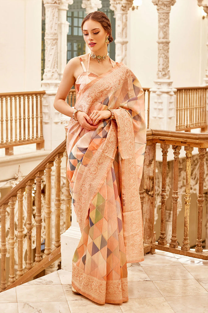 Peach Pink Woven Banarasi Soft Silk Saree – Zari Banaras