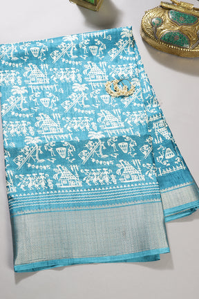 Fountain Blue Color Cotton Silk Printed Saree