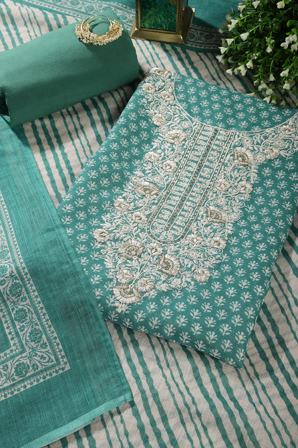 Mint Green Color Chanderi Cotton Printed and Neck Embroidered Unstitched Suit Fabric