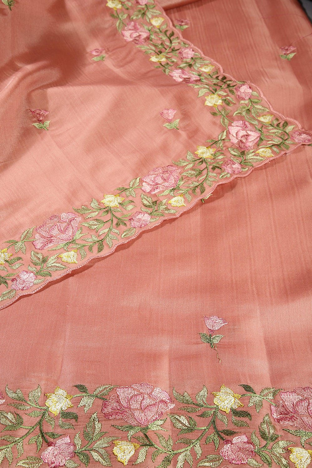 Peach Color Tussar Silk Floral Resham Embroidered Saree