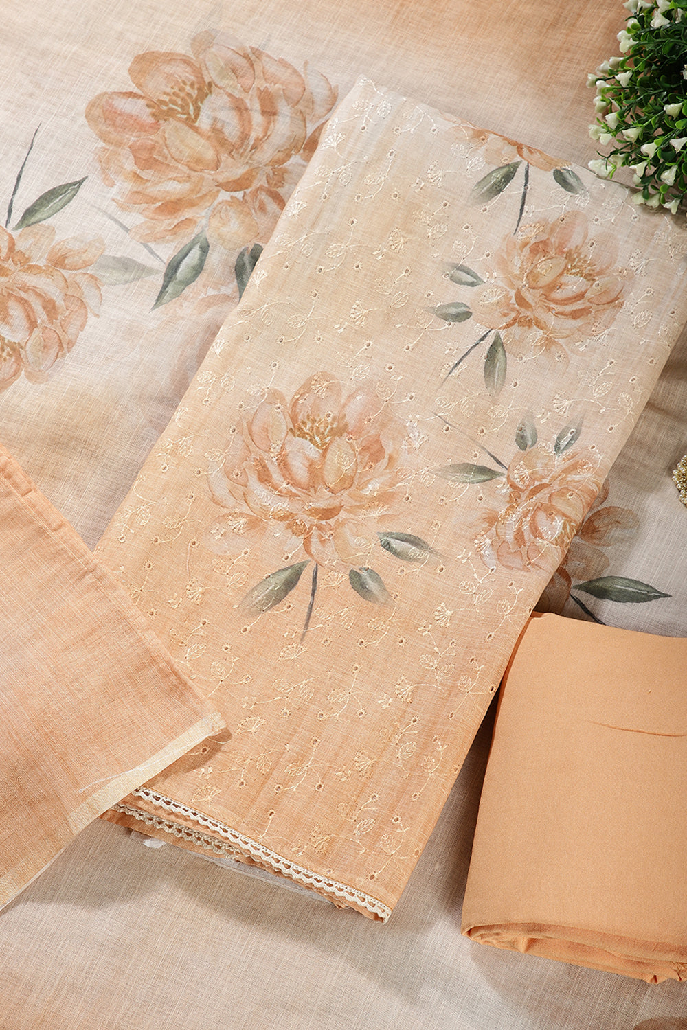 Peach Color Organza Floral Printed and Embroidered Unstitched Suit Material