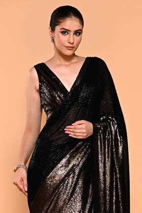 Black & Golden Color Georgette Sequins Embroidered Saree